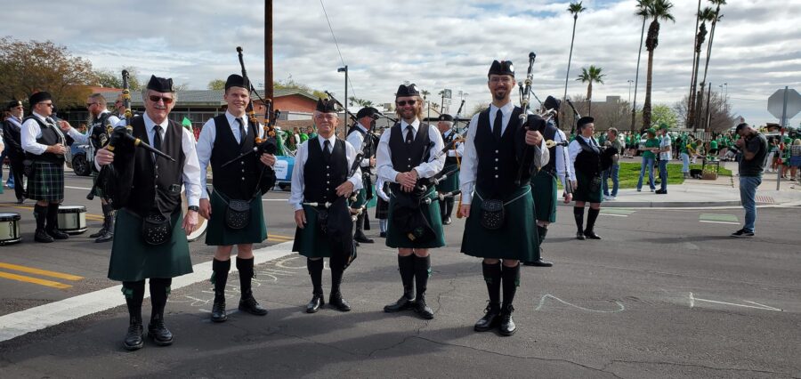 Hugh O'Connor Memorial Pipe Band led by Len Wood at the 2023 St. Patrick's Day Parade